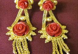 Gold & Coral Rose Tibetan Costume Earrings